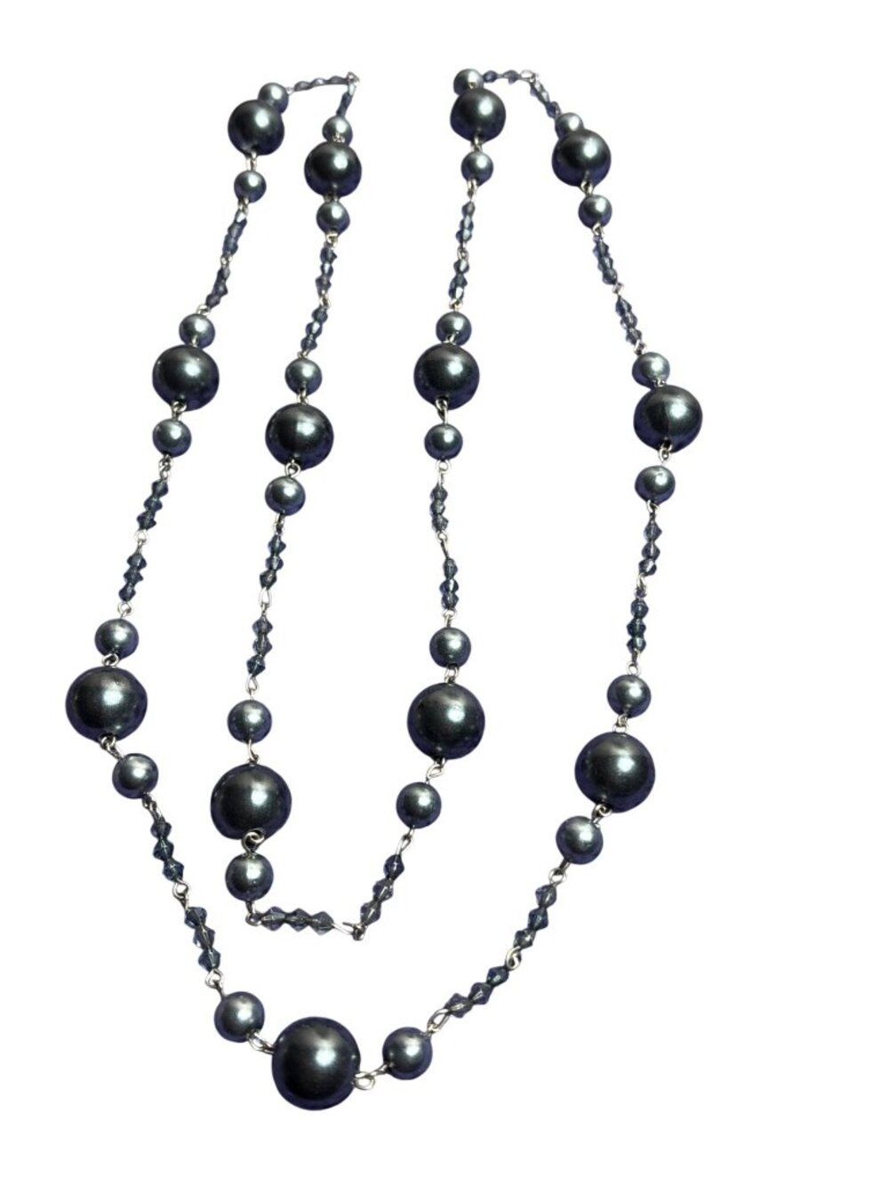 Artisan Beaded Necklace Grey Plastic Faux Pearls Silvertone Chain No Clasp 40 in
